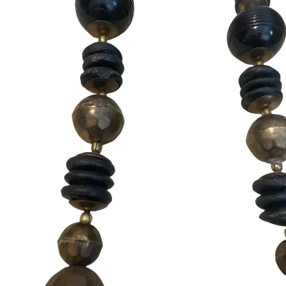 Handmade Two Tones Wood & Brass Chunky‎ Black & Gold Bulky Beads Necklace
